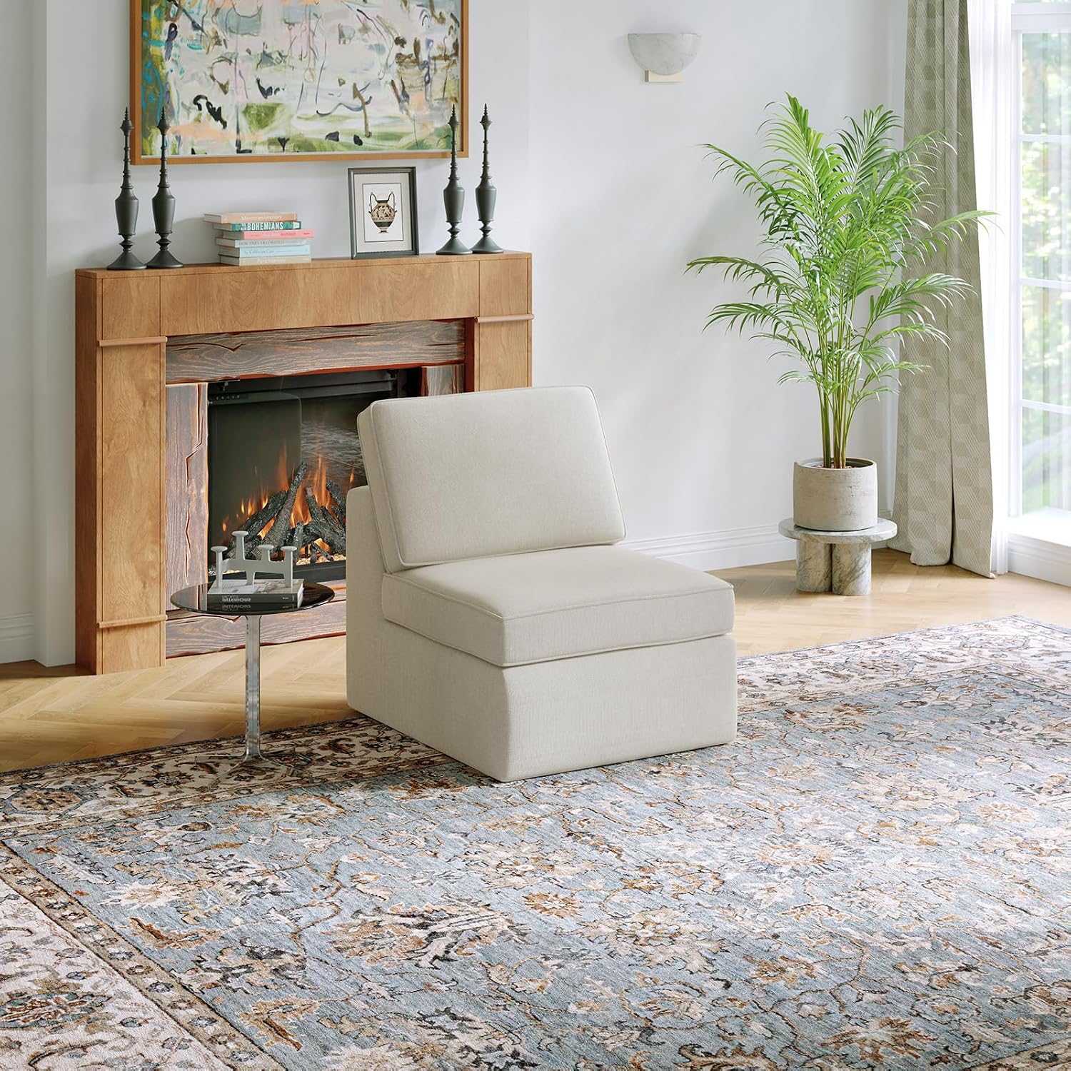 Beige modular sectional sofa piece shown as a single armless seat module
