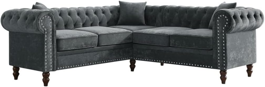 80 Inch Deep Button Tufted Roll Arm L-Shaped Sofa, Solid Wood Gourd Legs