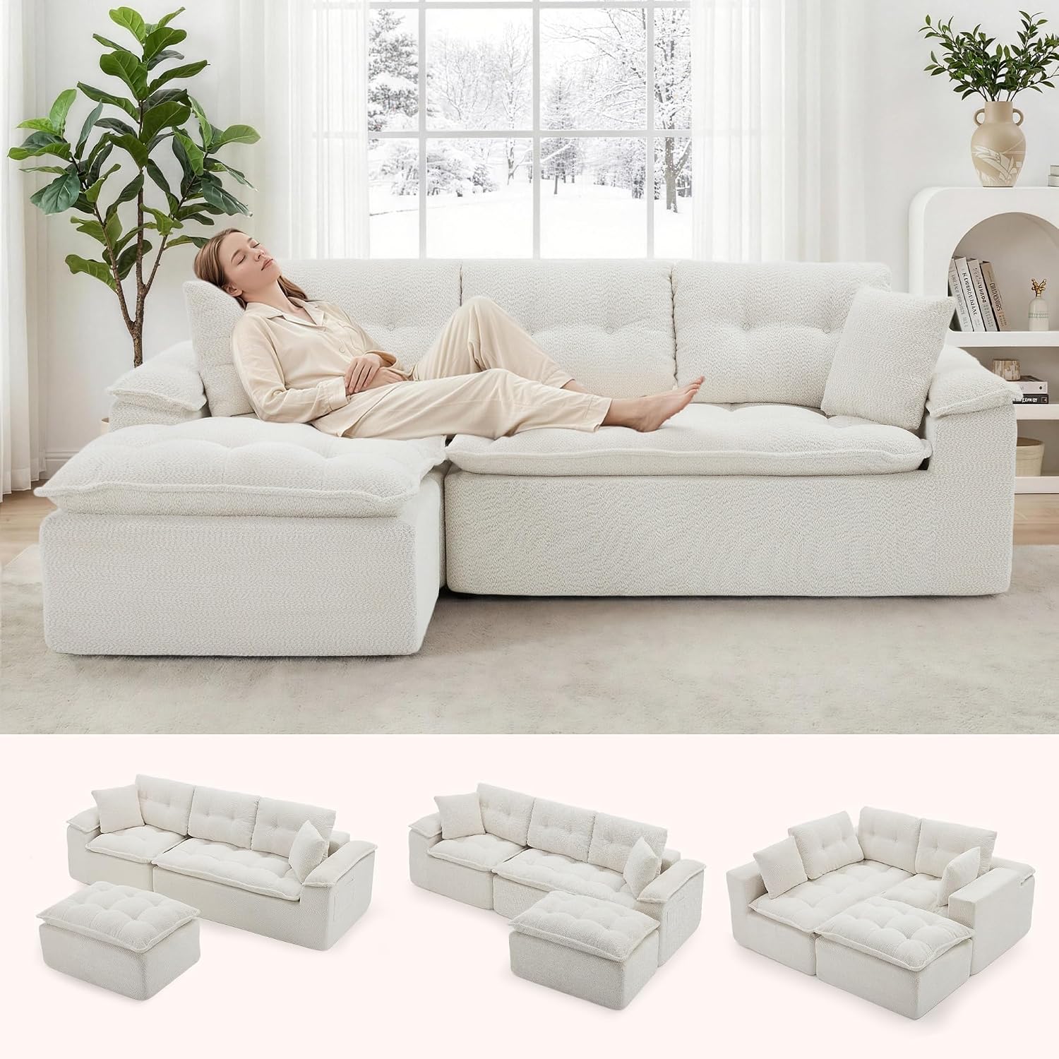 Korser 110 Inch Cloud Sectional Couch with Ottoman, Modular Sofa with Deep Seat, Beige