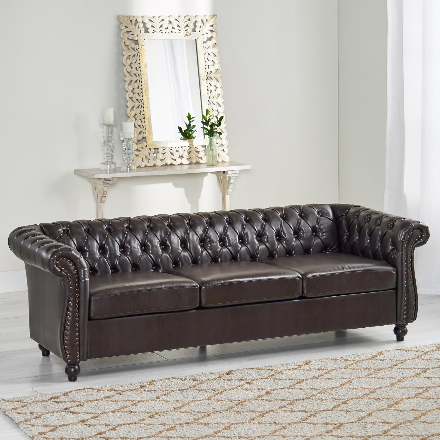 3 Seater Sofa in Brown with PU Upholstery and Chesterfield Style Features