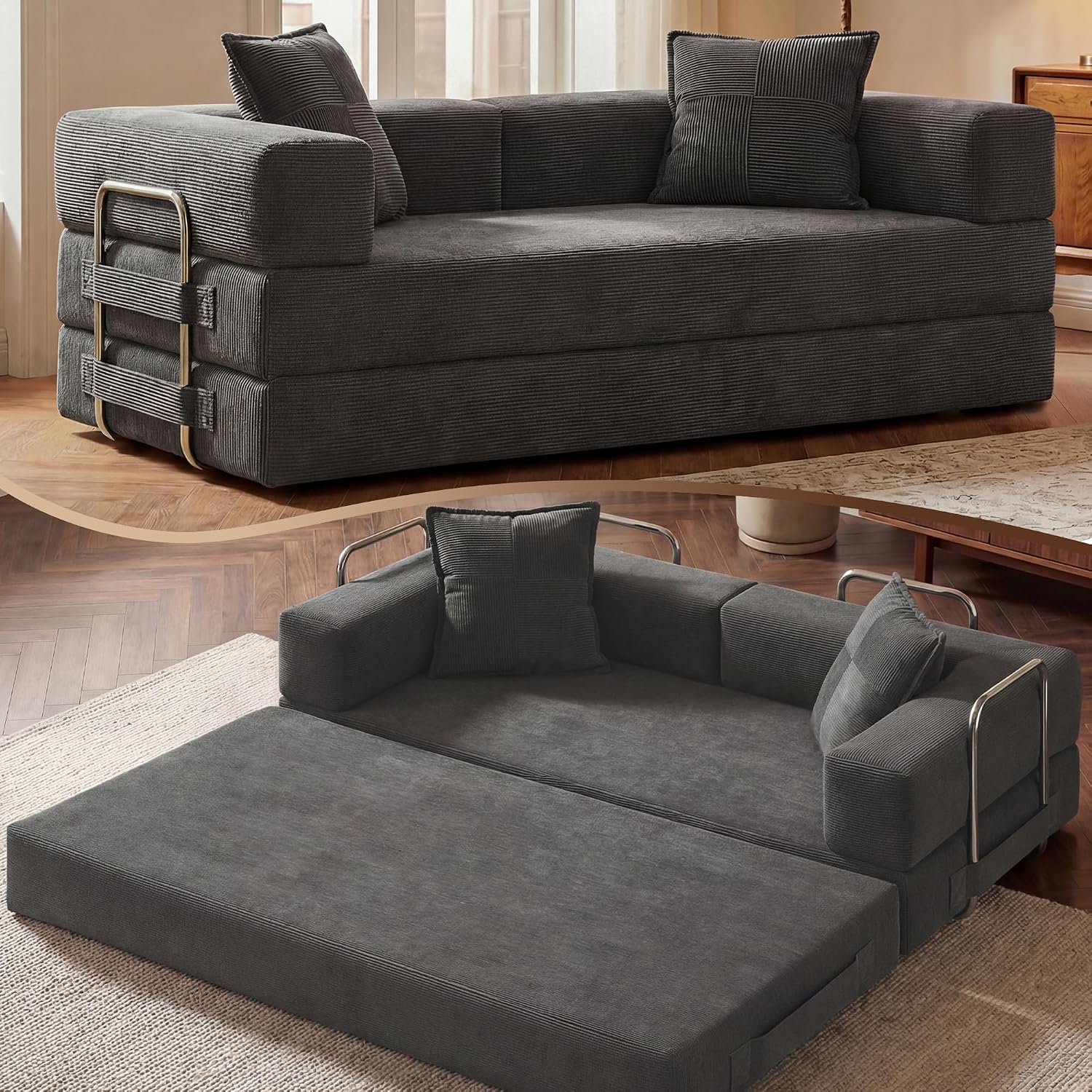 GRUSIGN 78 Inch 5-in-1 Convertible Futon Sofa Bed, Boneless Corduroy, Gray