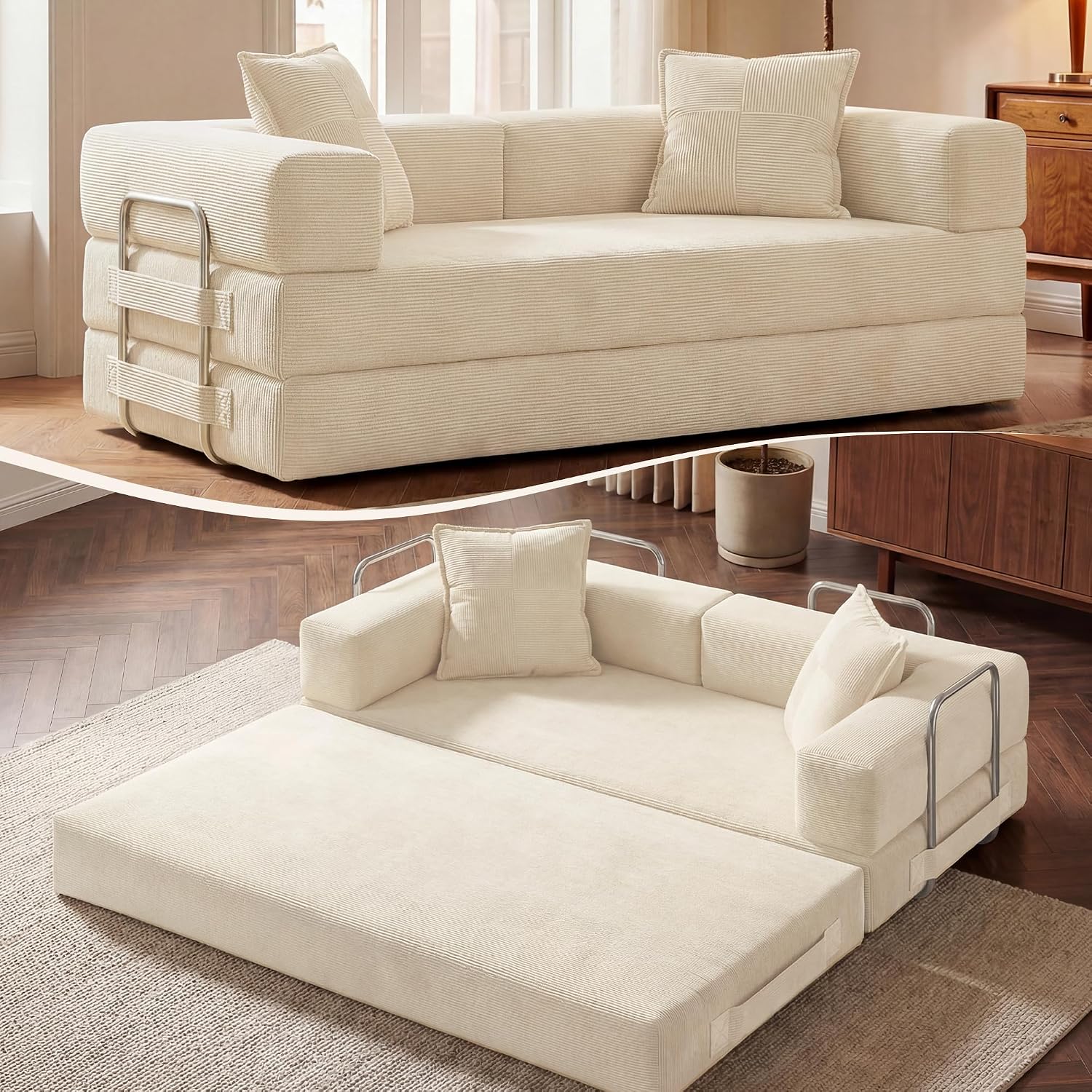 GRUSIGN 78 Inch 5-in-1 Convertible Futon Sofa Bed, Boneless Corduroy, Beige