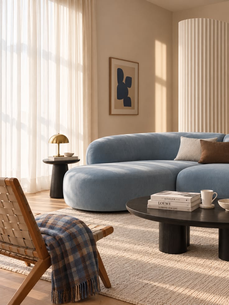 Dusty blue curved velvet sofa ending in a rounded chaise, with a black coffee table and a woven leather chair in a sunlit room