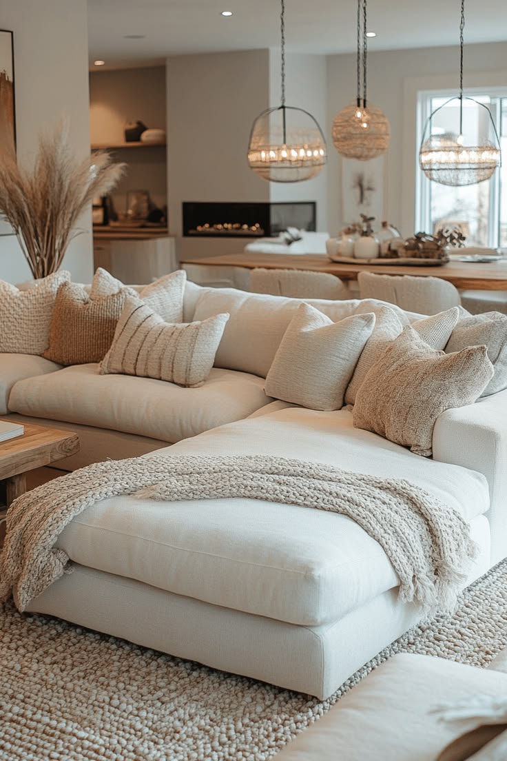 Cream sectional with a wide chaise, a chunky knit throw and textured pillows in an open-plan living room