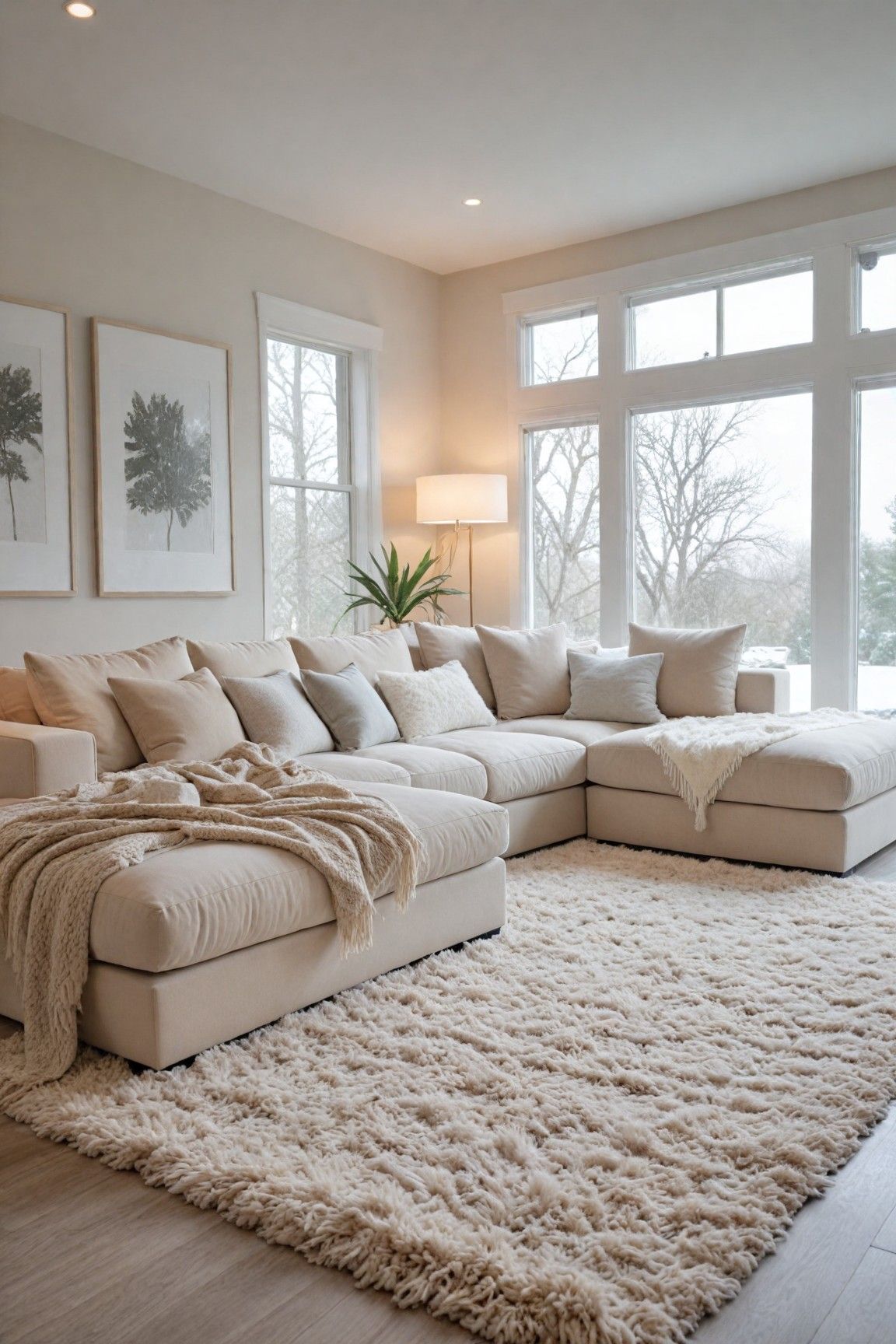 Deep cream sectional with a long chaise, layered pillows and a shaggy rug in front of tall windows