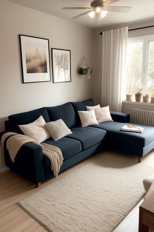 Compact dark blue L-shaped sectional with cream pillows and a knit throw in a small bright living room