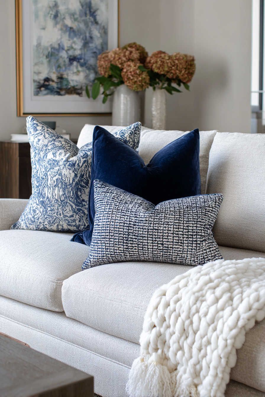 Cream sofa with navy and blue patterned pillows, a chunky knit throw and hydrangeas in front of a blue abstract painting