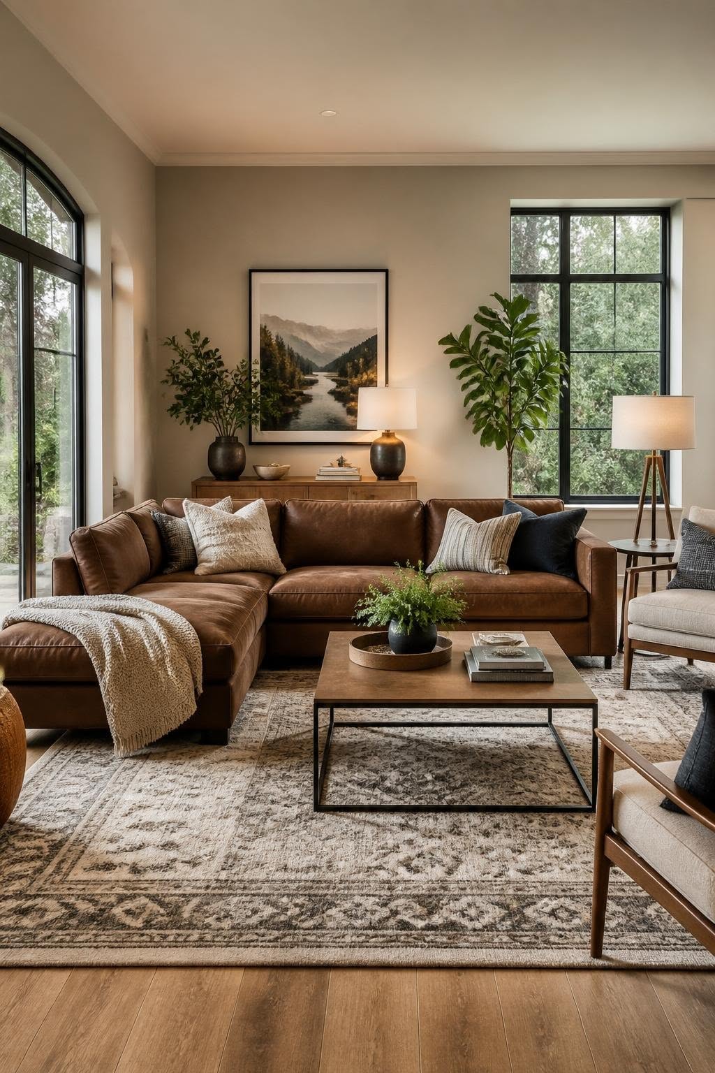 Cognac leather sectional with striped pillows and a knit throw beside black-framed windows and a black metal coffee table
