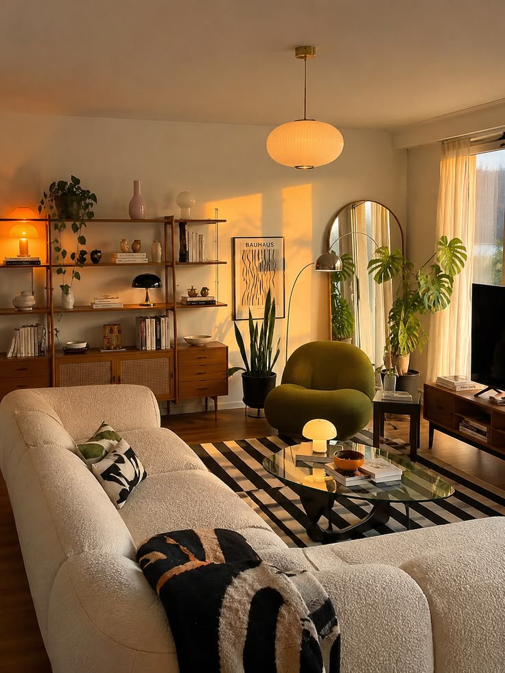 Chunky cream bouclé sofa in a warm retro living room with wood shelving, an olive armchair and a glass coffee table