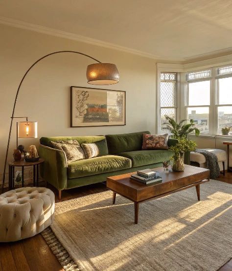Olive green velvet sofa with an arched floor lamp, a wood coffee table and a tufted ottoman