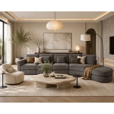 Gray textured sectional ending in a rounded ottoman beside a cream chair and an organic stone coffee table