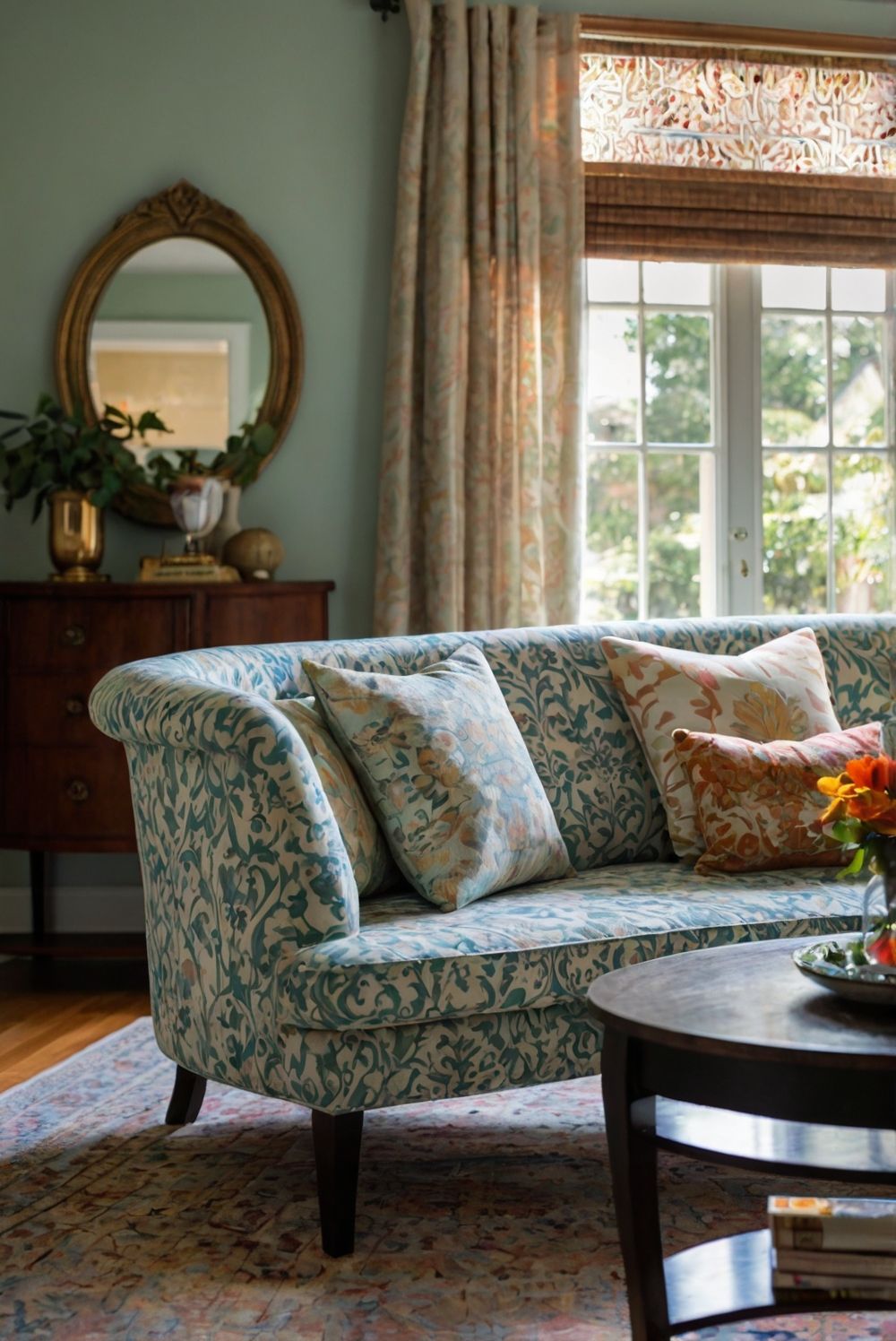 Teal and cream floral sofa with patterned pillows beside a gilded oval mirror, an antique sideboard and a sage green wall