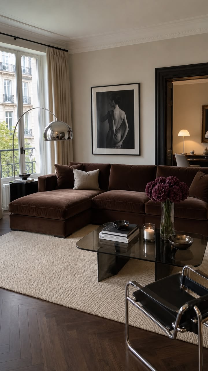 Chocolate brown velvet sectional with a few pillows, a smoked glass coffee table and a chrome arc floor lamp