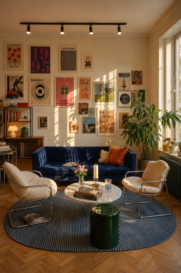 Navy tufted velvet sofa in a room with a colorful poster gallery wall, cream chairs and a navy striped rug