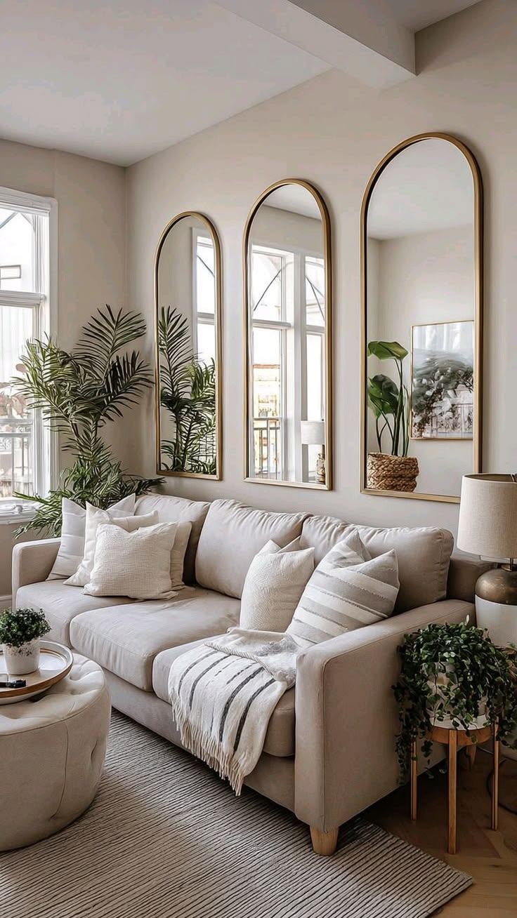 Three tall arched mirrors in brass frames hung directly above a sofa