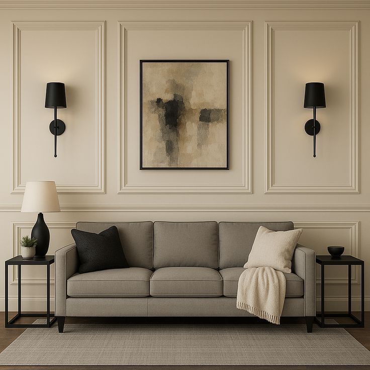 Picture-frame wall molding with a centered abstract artwork and symmetrical sconces above a sofa