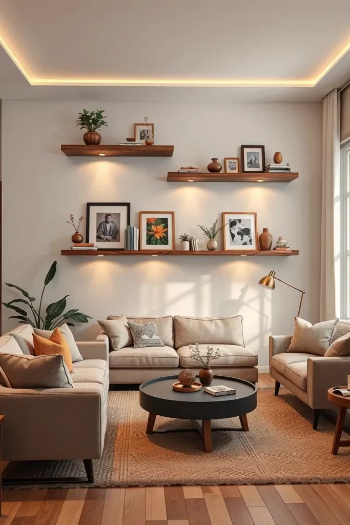 Two floating shelves above a sofa styled with framed photos, plants, vases and books
