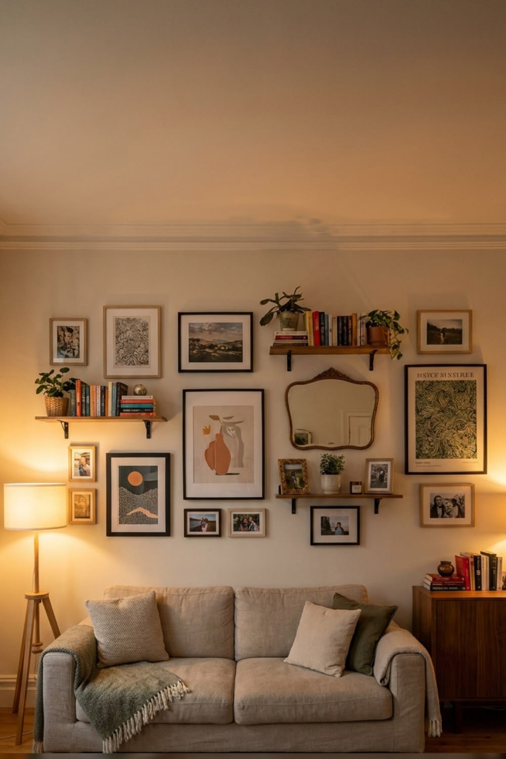 Eclectic gallery wall combining photo frames, art prints, a mirror, plants and books above a sofa