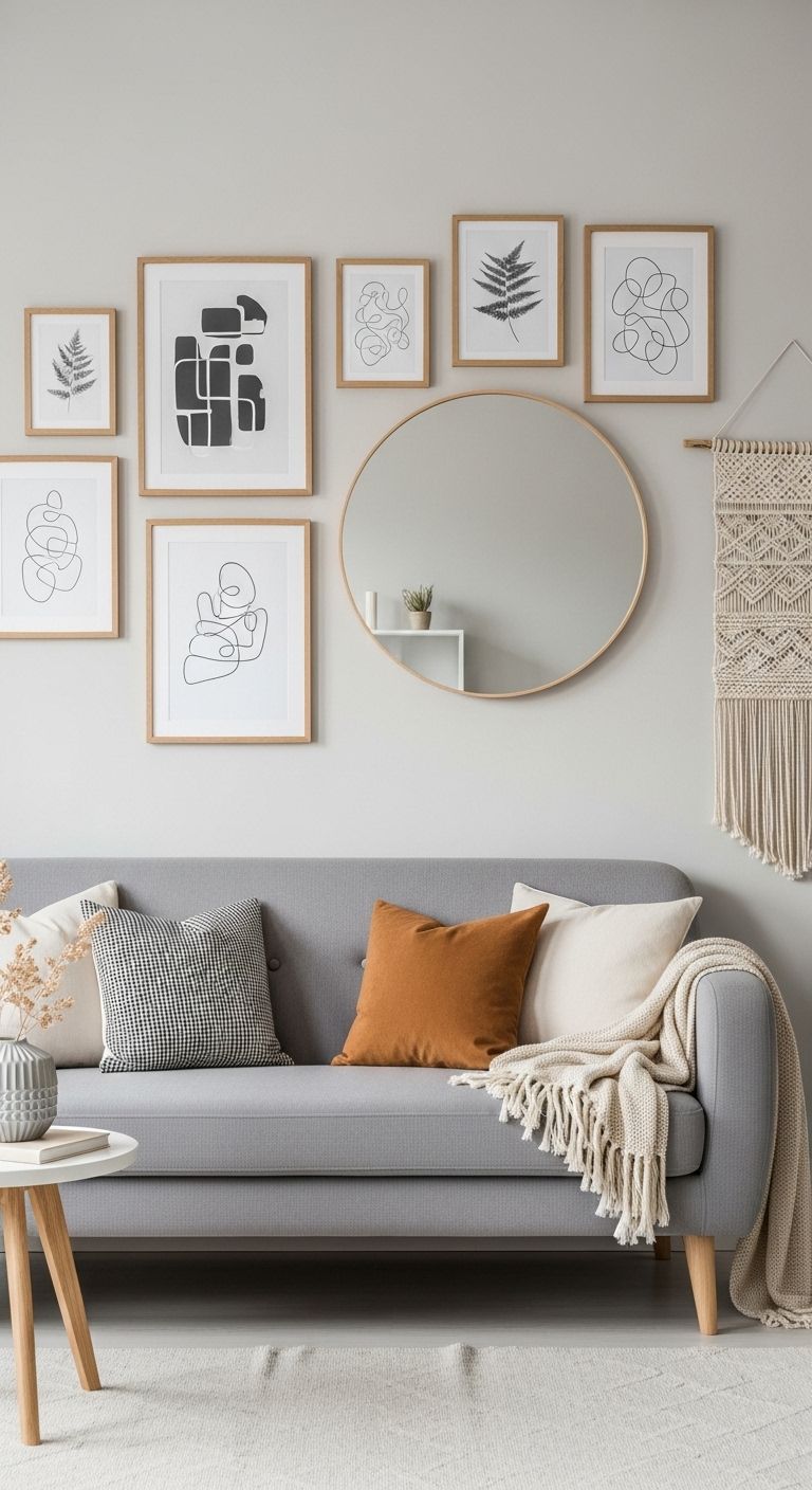 Sofa wall combining line-art prints, a round mirror and a macrame hanging in a neutral room