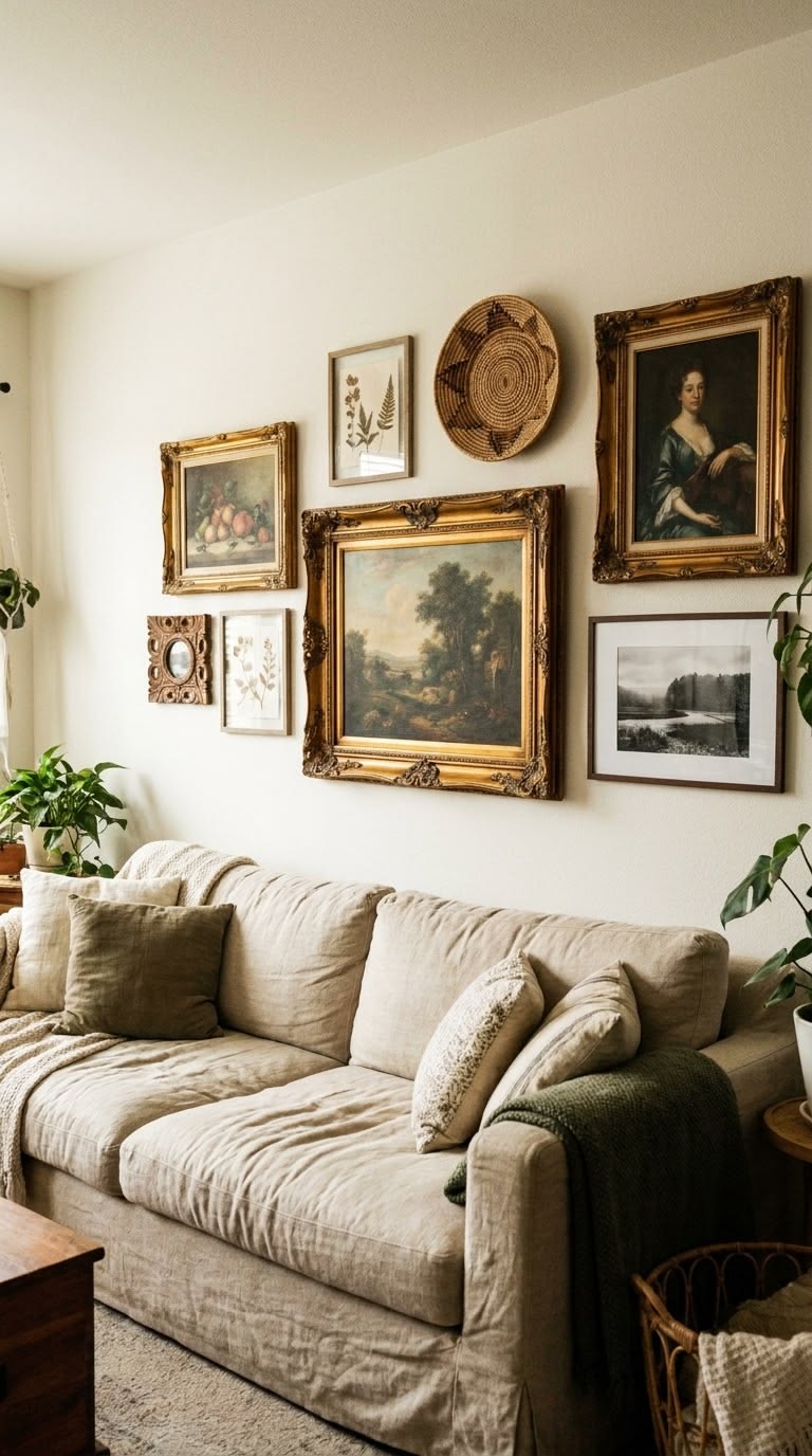 Gallery combining gold framed paintings, a small round mirror and a woven basket plate above a sofa