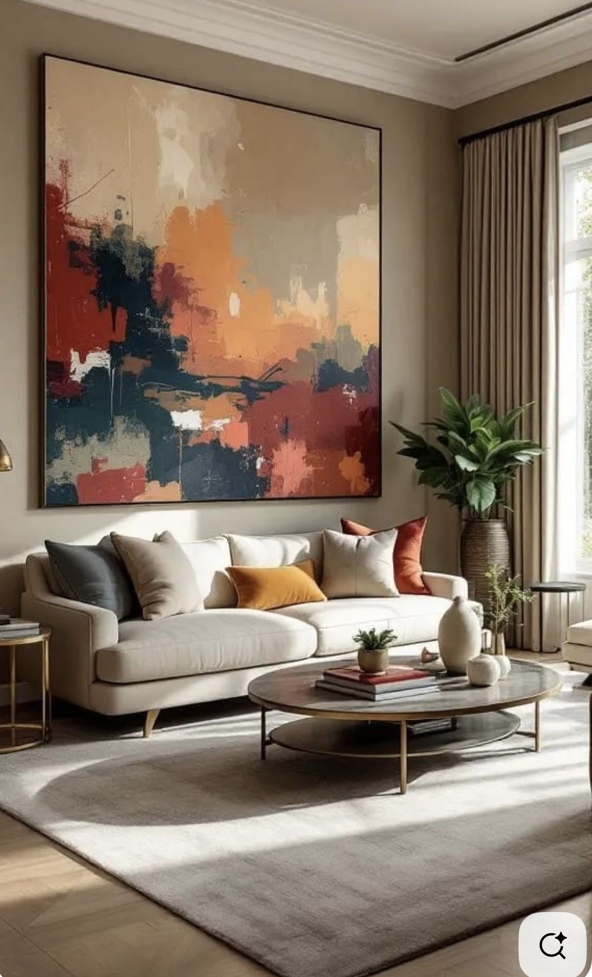 Large abstract colorful painting hung as a single statement piece above a sofa