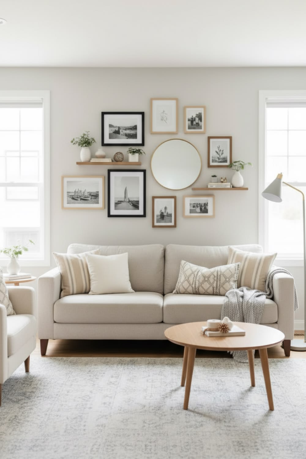 Large round mirror centered above a sofa flanked by two small framed prints