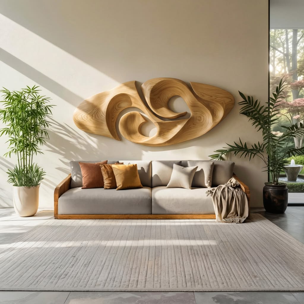 Large sculptural carved wood wall art above a sofa flanked by potted plants