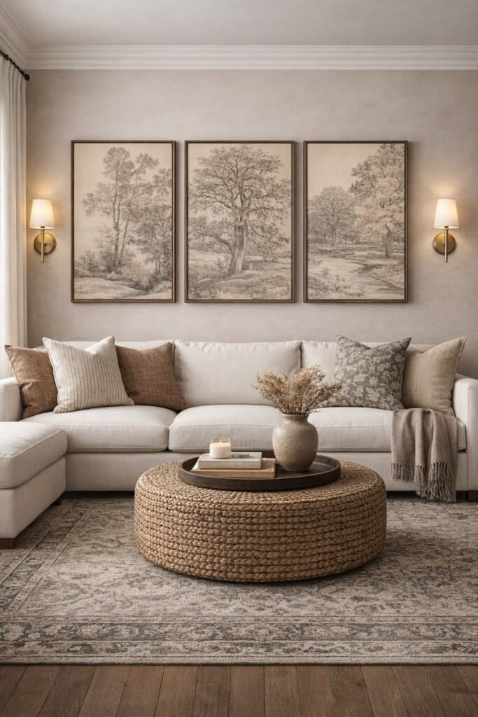 Three matching abstract framed prints hung in a row above a sofa with wall sconces on either side