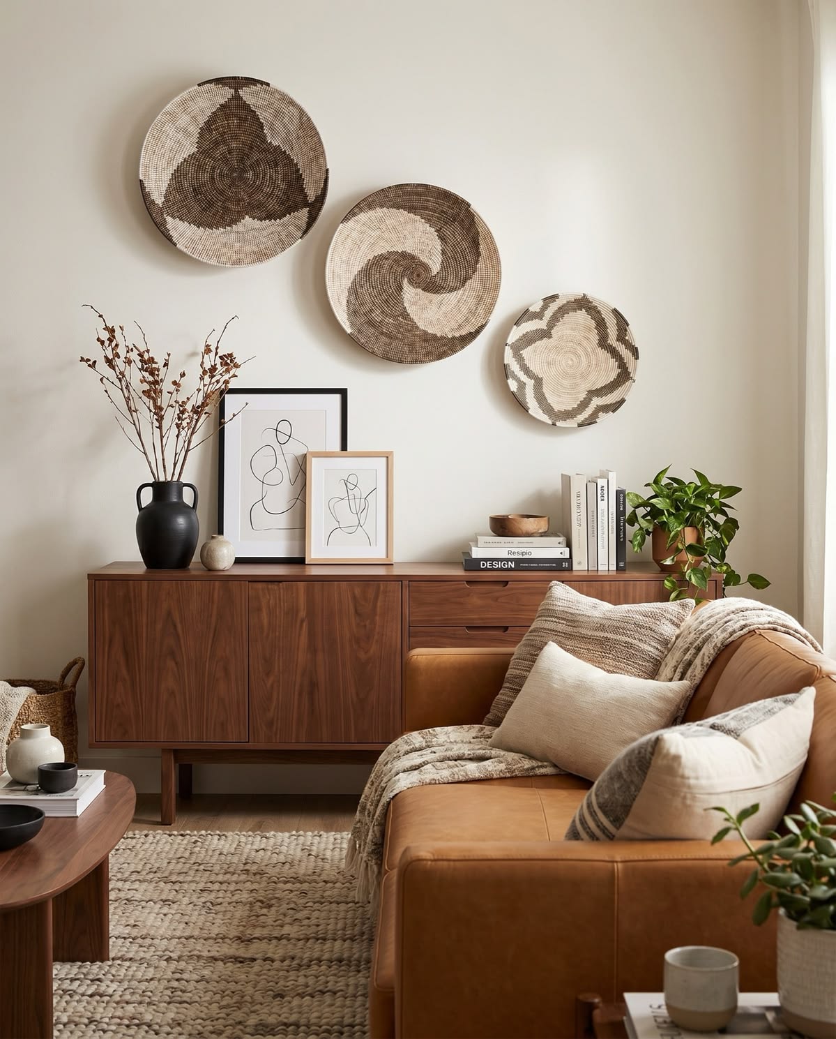 Three woven basket plates hung above a wood console as sculptural wall decor