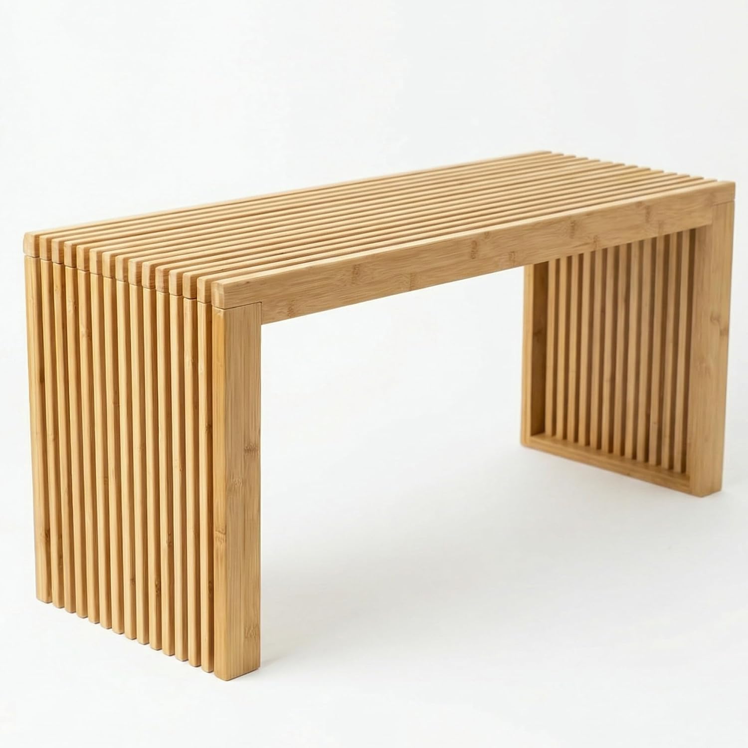 Natural Bamboo Slat Bench, 36 Inch, Small Wooden Bench
