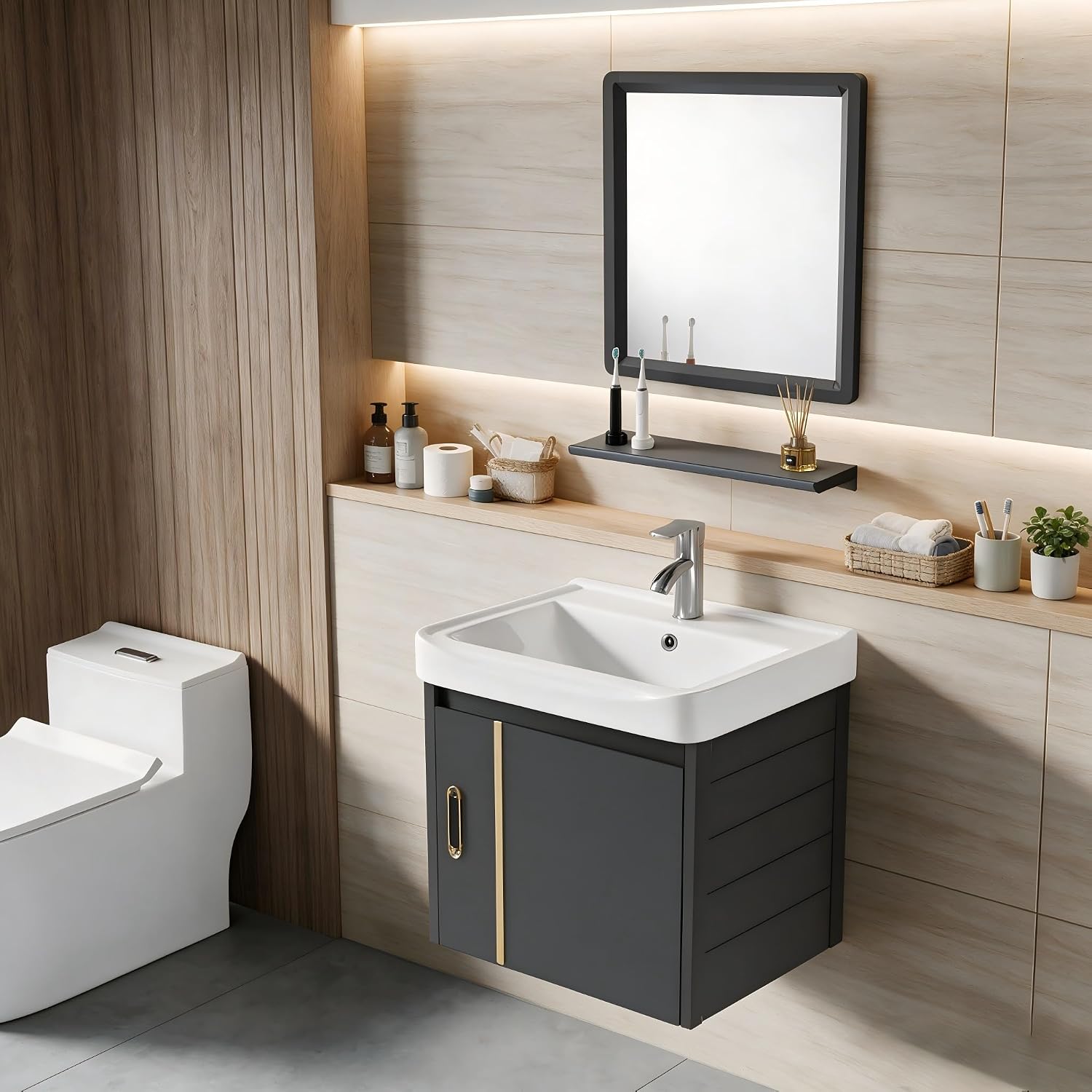 17 Inch Wall-Mounted Bathroom Vanity with Sink, Small Space Aluminum Cabinet