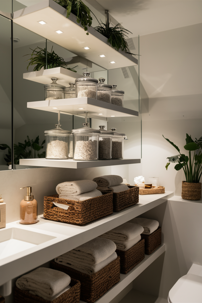 Stylish and minimalist bathroom design with functional storage
