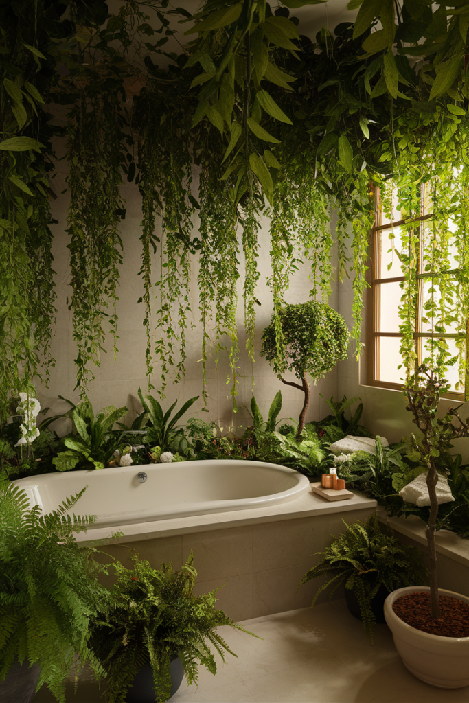 Serene and luxurious spa-inspired bathroom with indoor plants