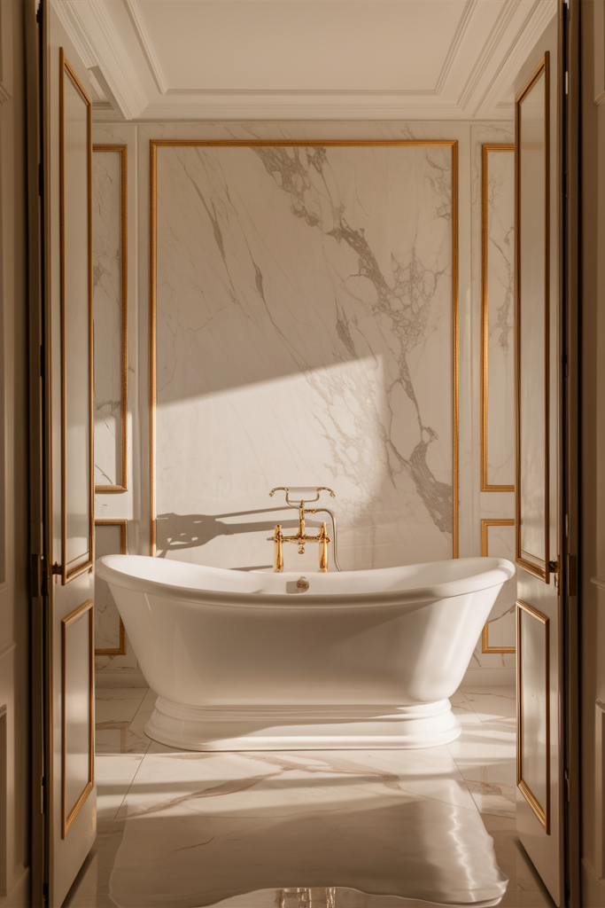 Exquisite luxurious bathroom featuring elegant marble accents
