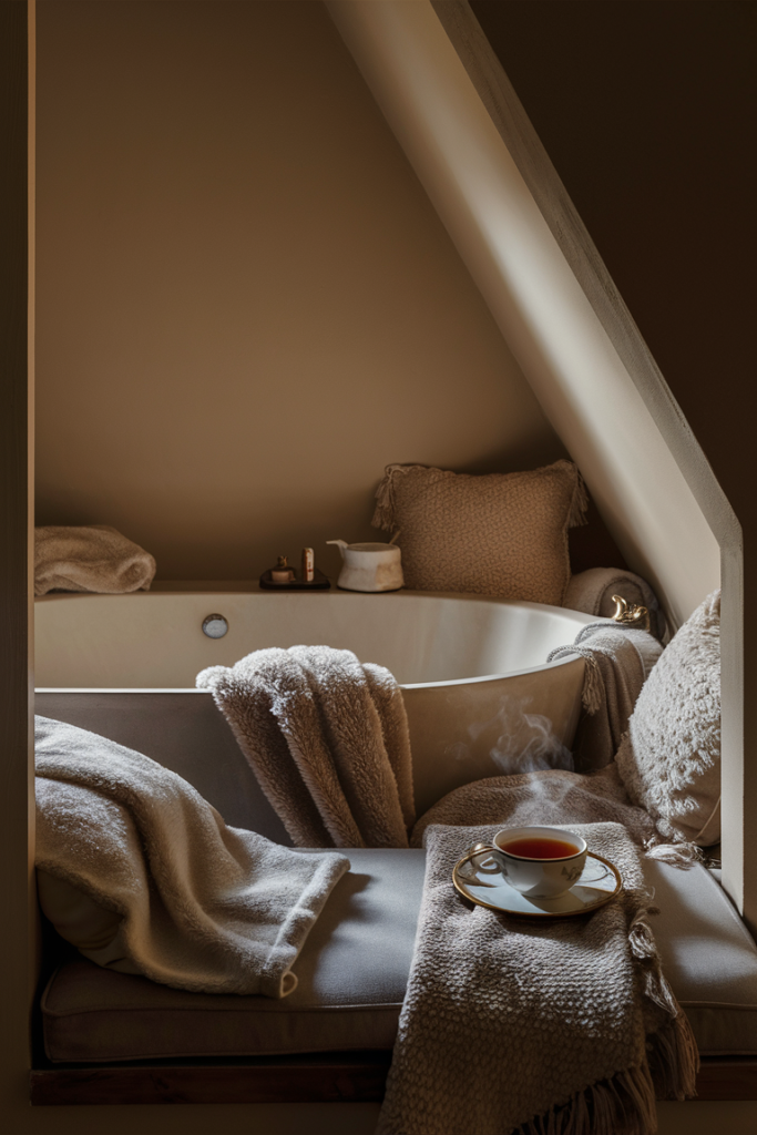 Warm and inviting cozy bathroom with a relaxing seating area