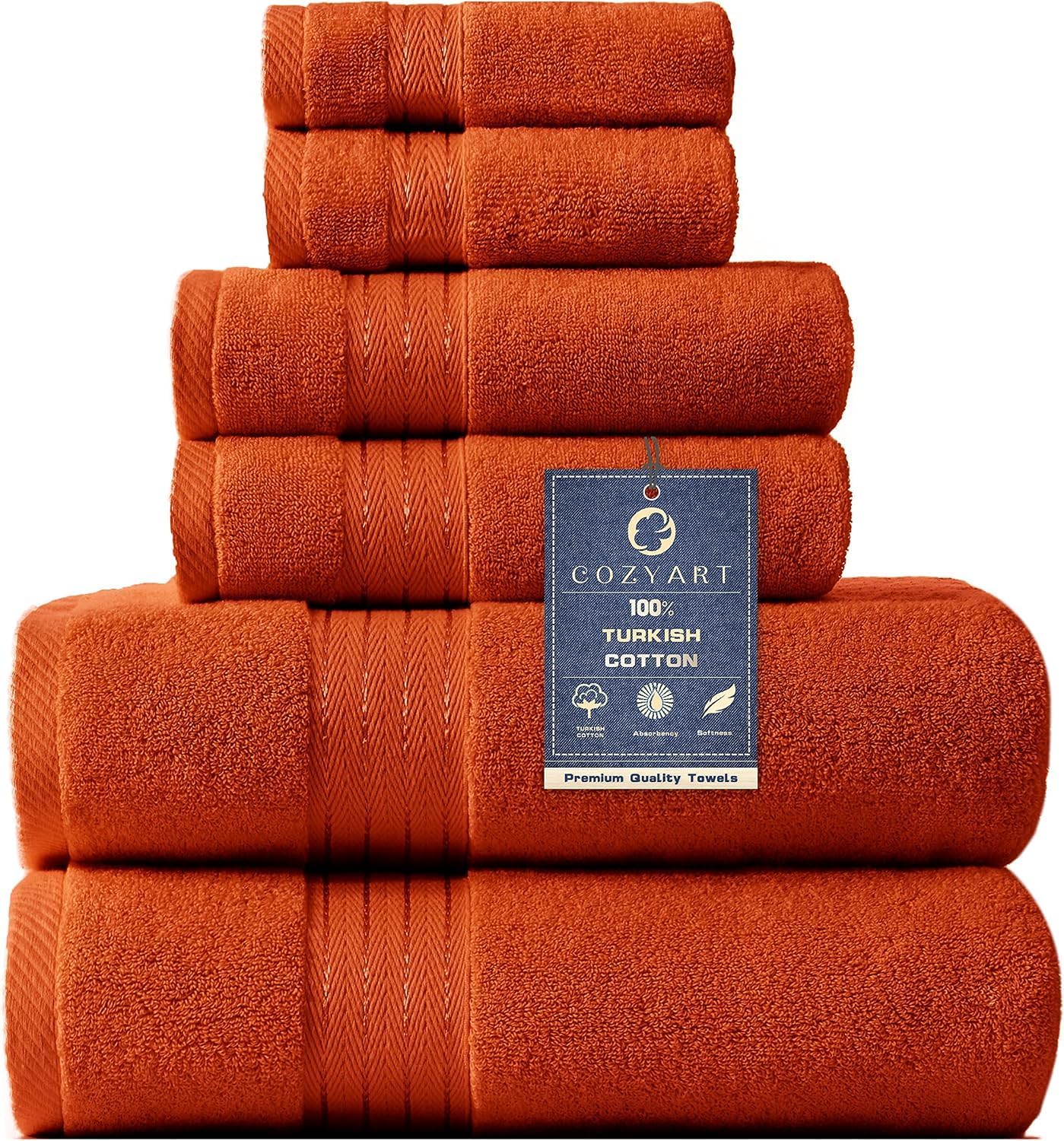 COZYART Luxury Turkish Cotton 6 Piece Bath Towel Set, Burnt Orange