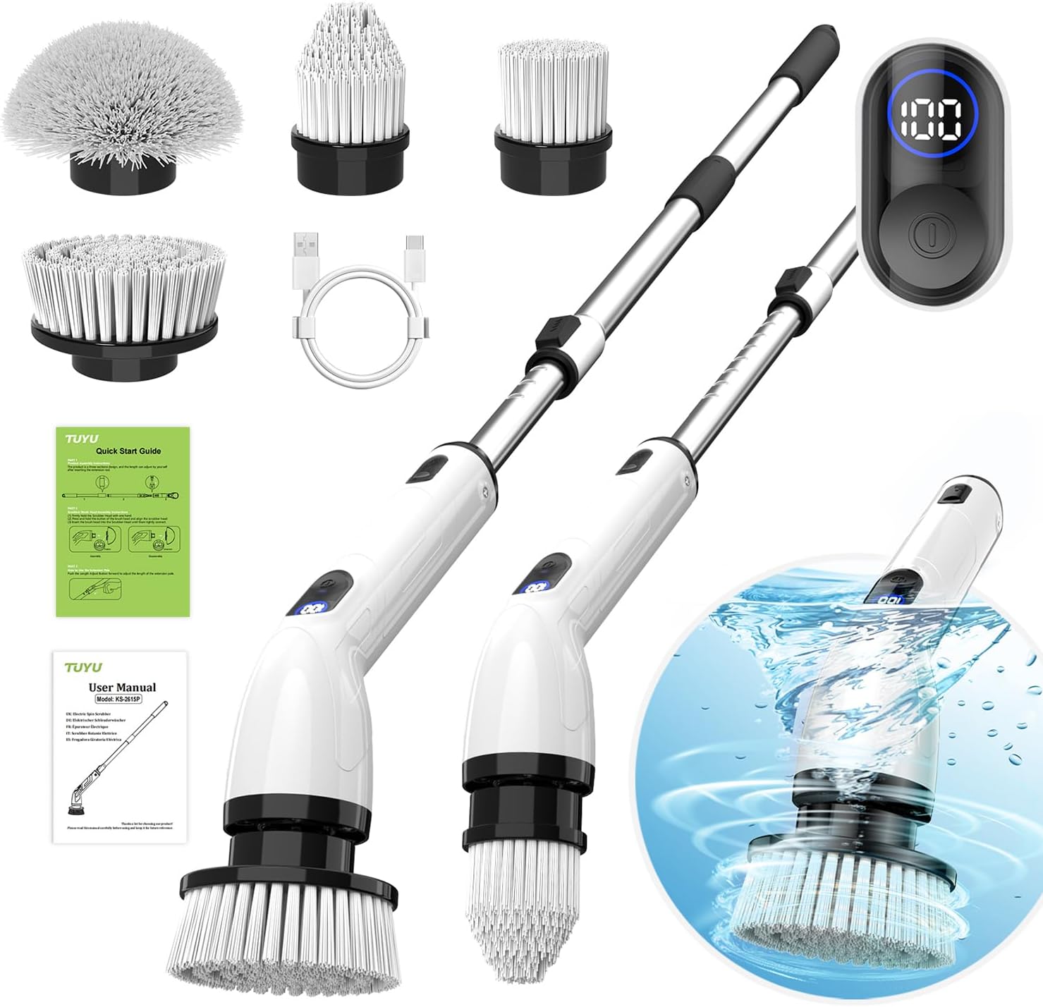 TUYU Cordless Electric Spin Scrubber with Extension Handle