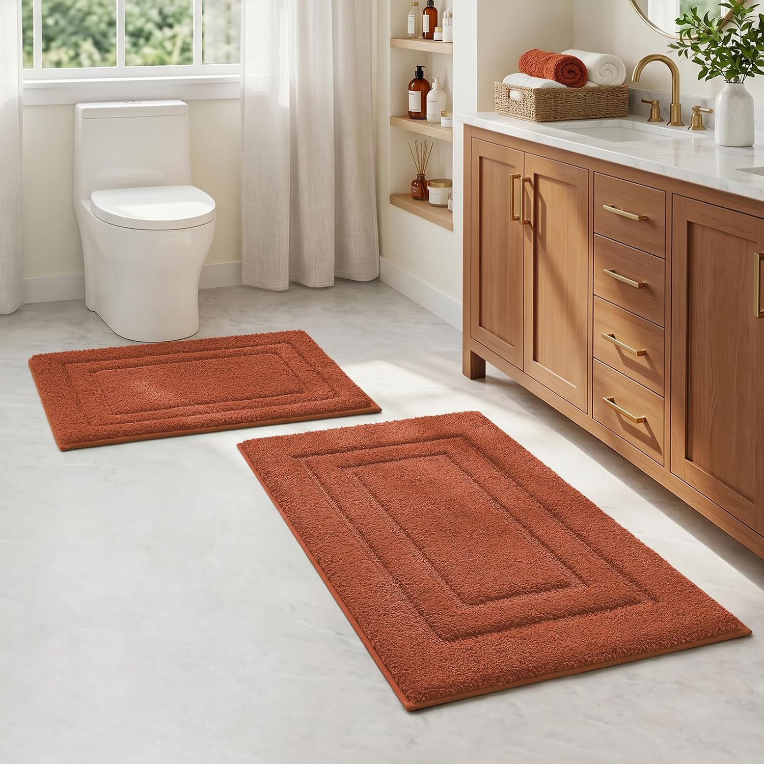 HOMEIDEAS Fall Bathroom Rug Set, 2 Piece Soft Bath Mats, Burnt Orange