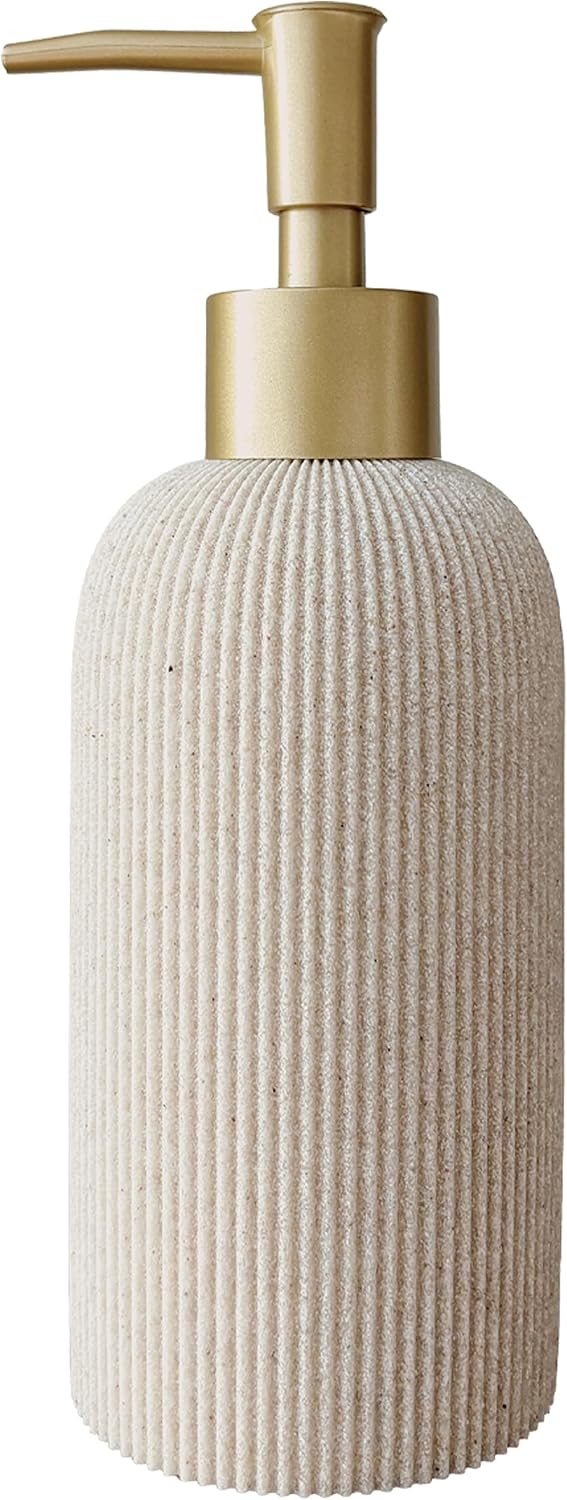 Sand Beige Ceramic Hand Soap Dispenser with Matte Gold Pump, 11 oz