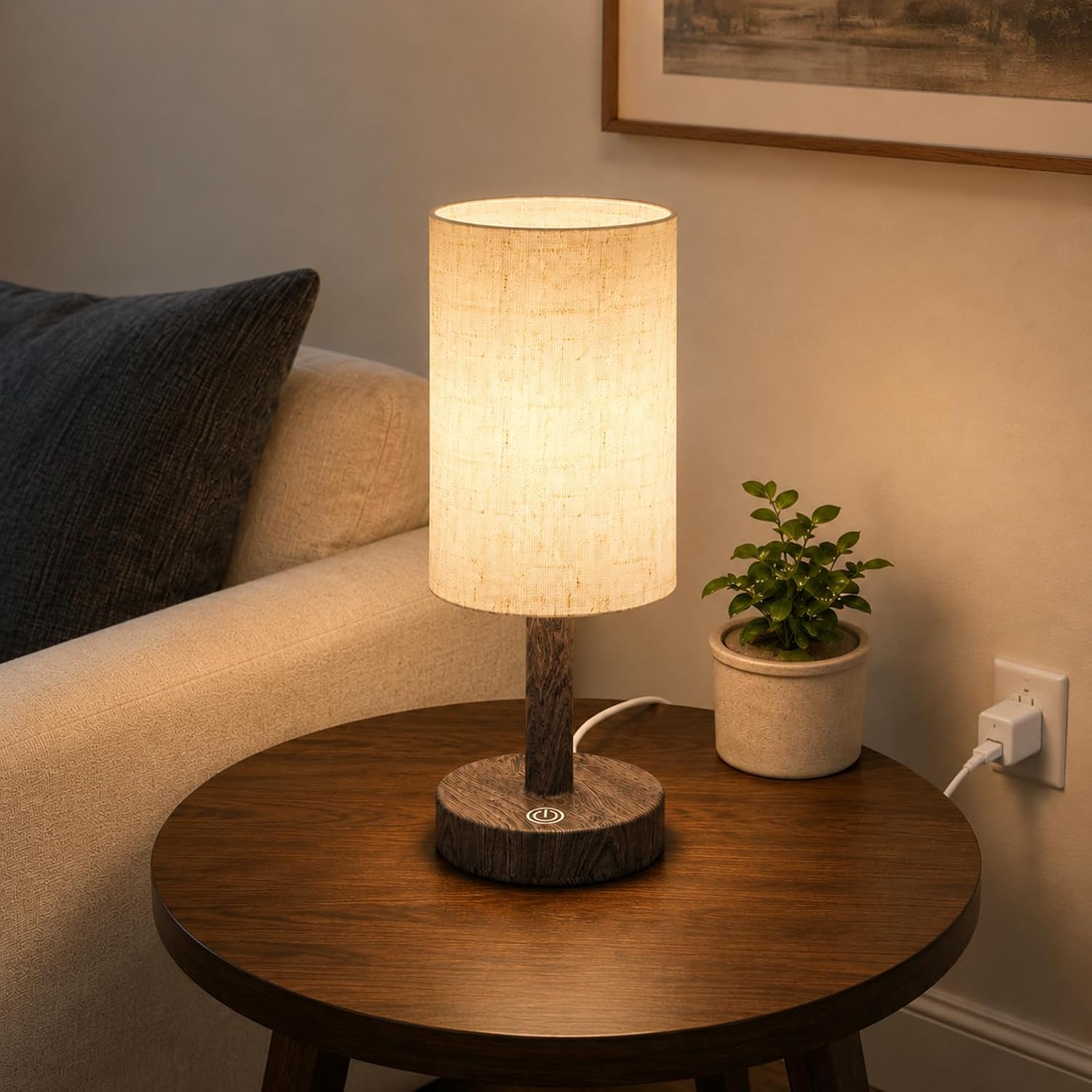 Small Plug-In Bedside Table Lamp with Touch Dimming, Dark Walnut Finish