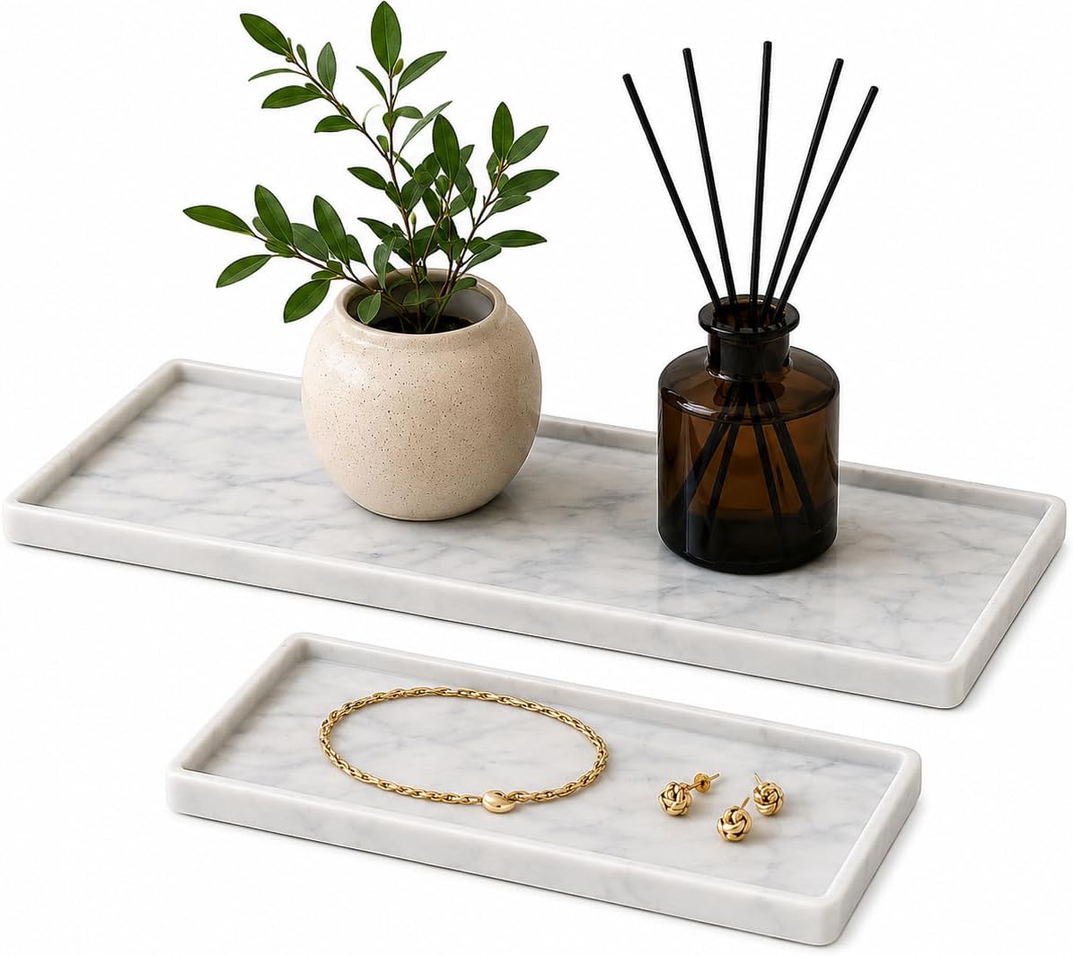 2 Piece White Marble Vanity Tray Set for Bathroom Counter Organizing