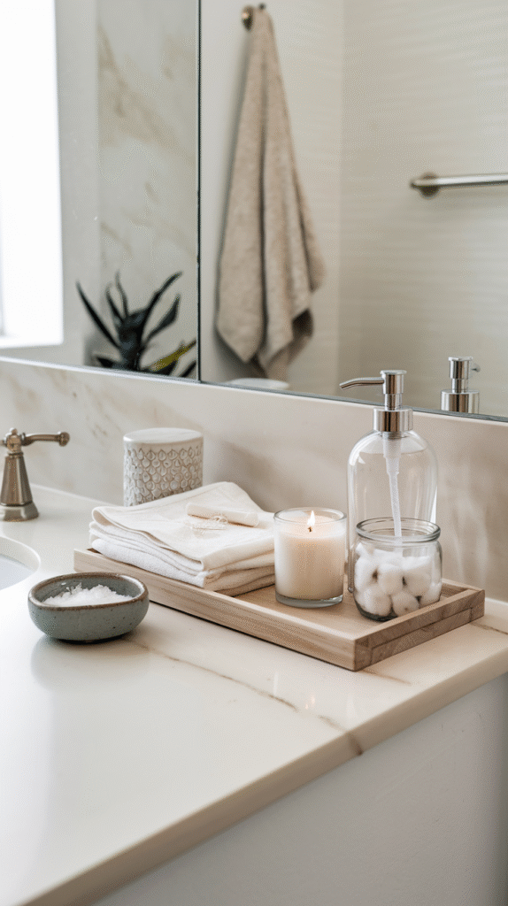 Styled bathroom counter arranged like a mini spa