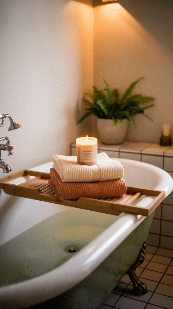 Warm, inviting fall bathroom achieved without a big budget