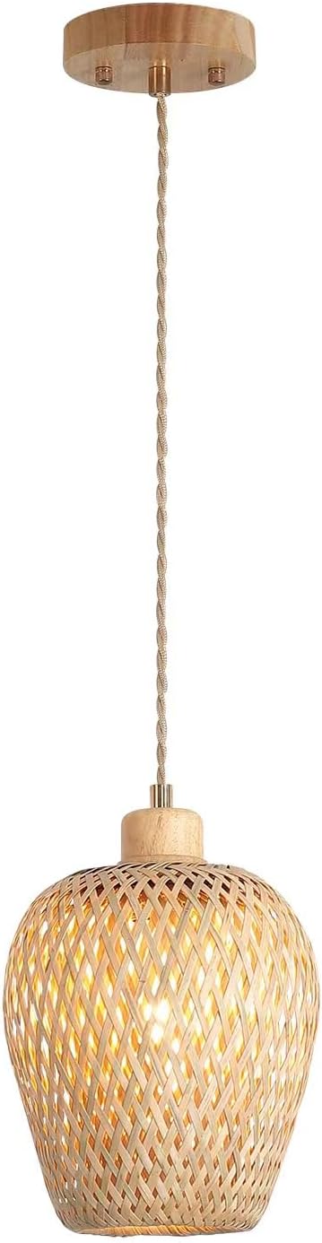 Handmade Woven Bamboo Basket Pendant Light, Adjustable Boho Mini Fixture