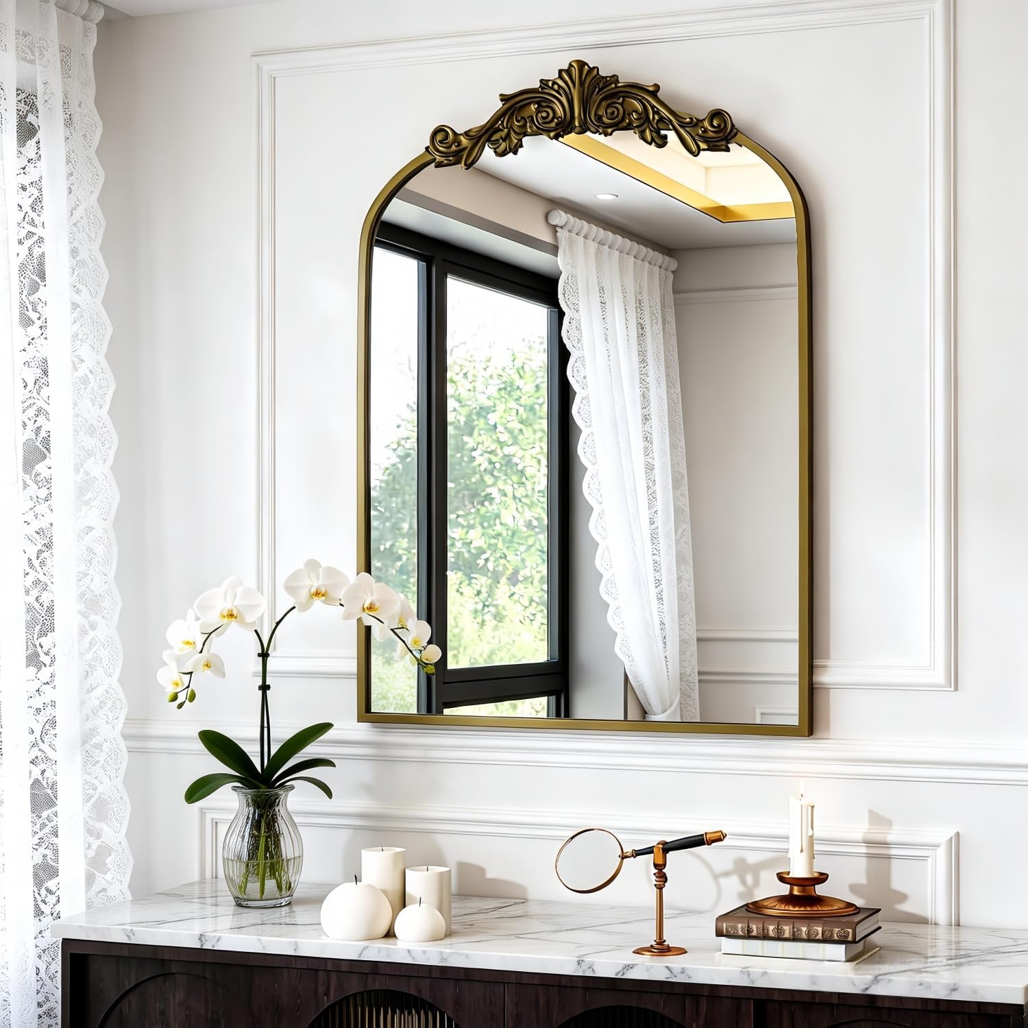 Dewfig Vintage Arched Wall Mirror, 30 x 22 Inch, Bronze Antique Finish