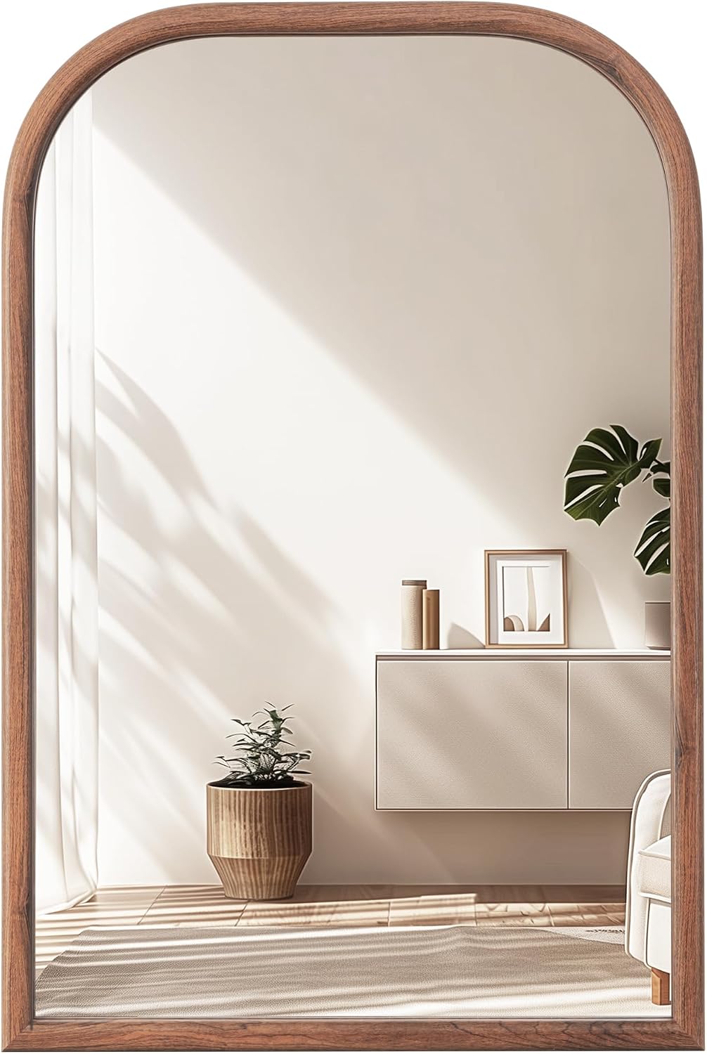 20 x 30 Inch Arch Bathroom Wall Mirror with Wood Grain Frame, Tempered Glass