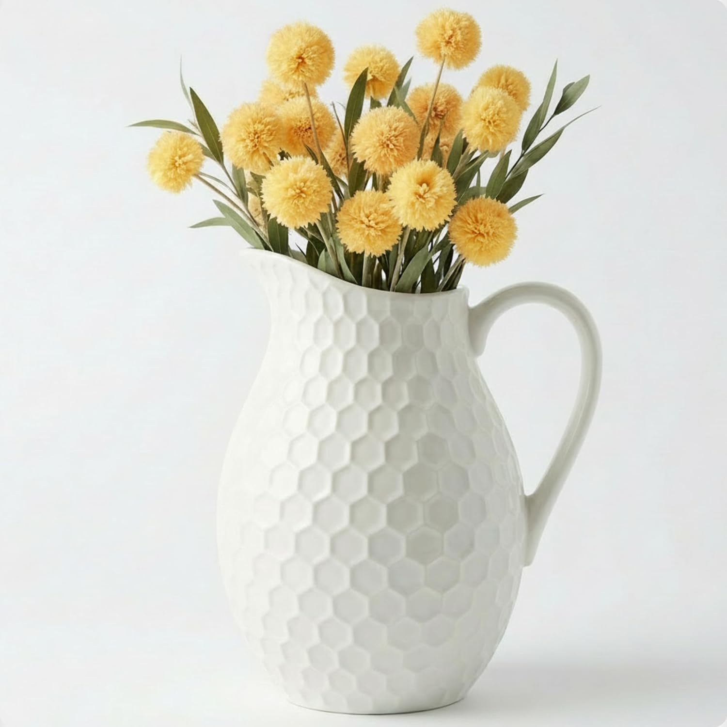 White Ceramic Pitcher Vase with Handle, Honeycomb Texture, 7 x 8 Inch