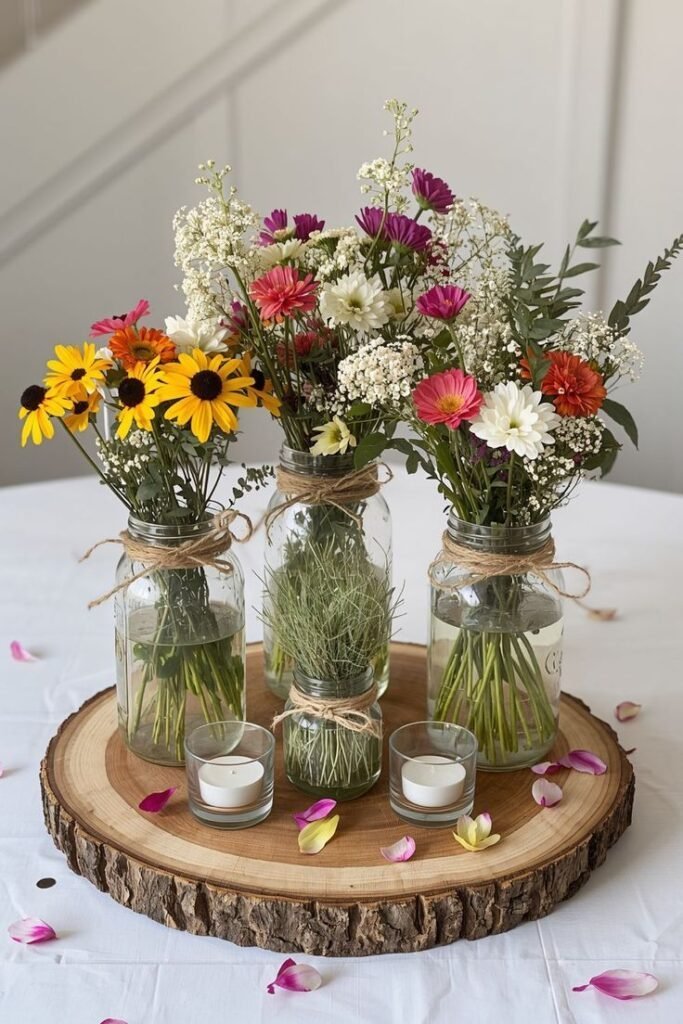 Trio of mason jars with wildflowers at varying heights on a breakfast table