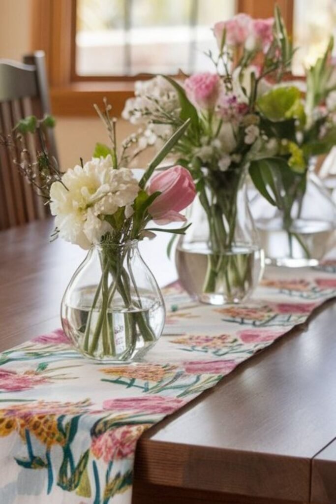 Woven table runner with several small bud vases each holding one flower stem