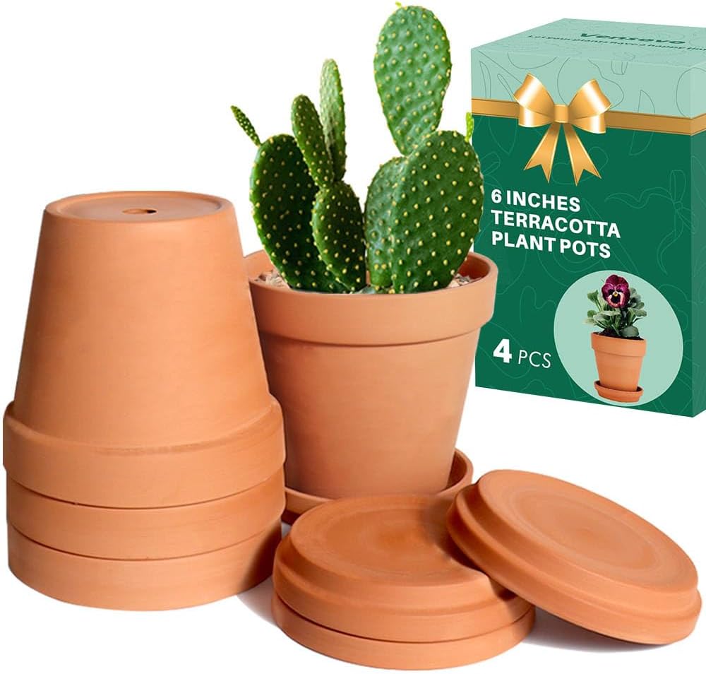 vensovo 6 Inch Terracotta Clay Pots with Saucers, 4 Pack